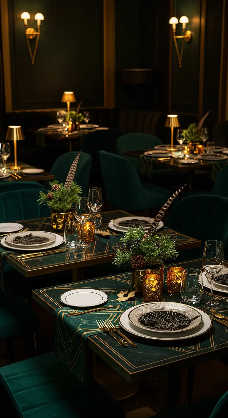 Table de restaurant aux nappes vertes sombres, centres de table sapin/plumes et lampes dorées.