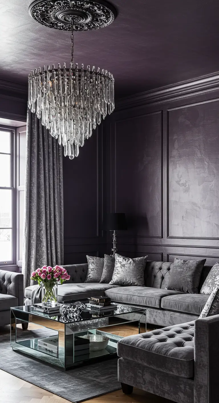 Salon violet aubergine avec moulures et finition murale texturée.