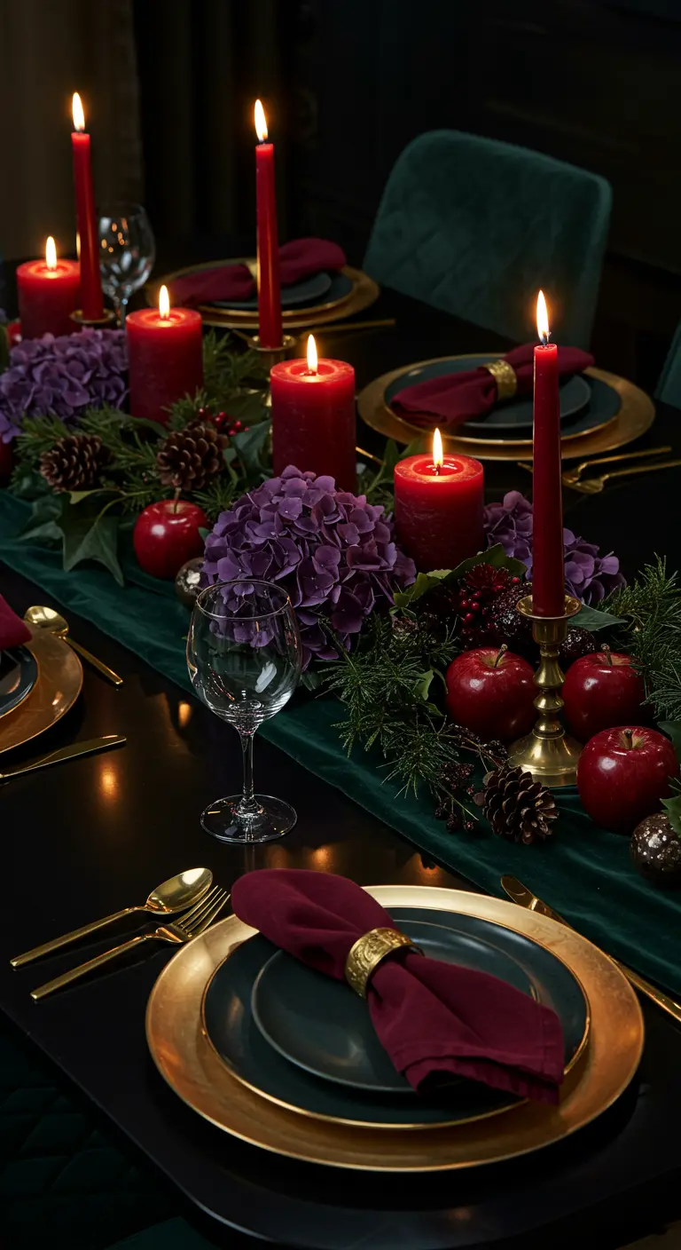 Table sombre avec chemin de table vert, bougies rouges, hortensias pourpres, pommes rouges et vaisselle dorée.