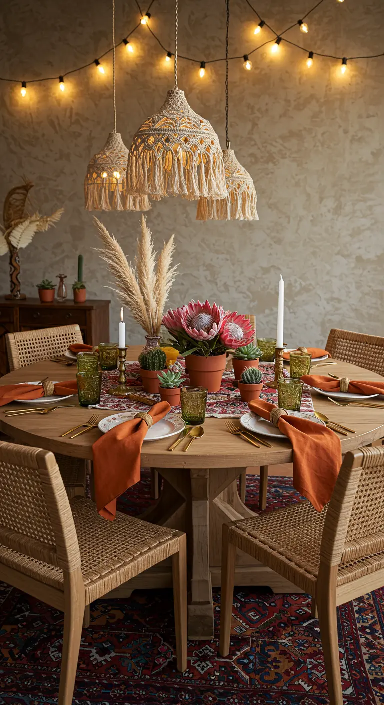 Table ronde bohème avec suspensions en macramé, herbe de pampas et serviettes orange brûlé.