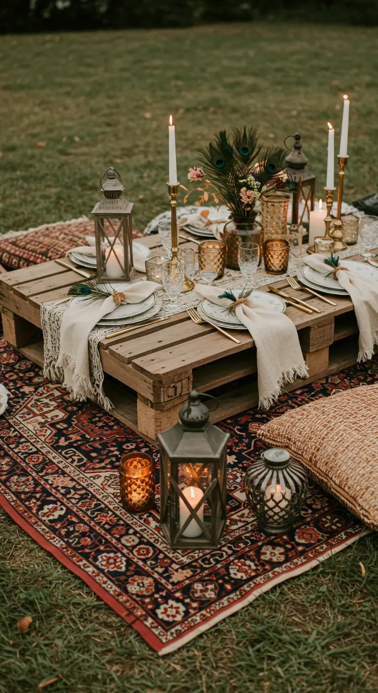 Pique-nique bohème avec table basse en palette et lanternes.