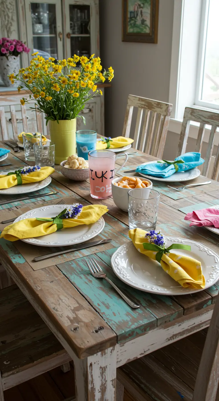 Table en bois rustique avec des serviettes de couleurs vives nouées et décorées de fleurs.