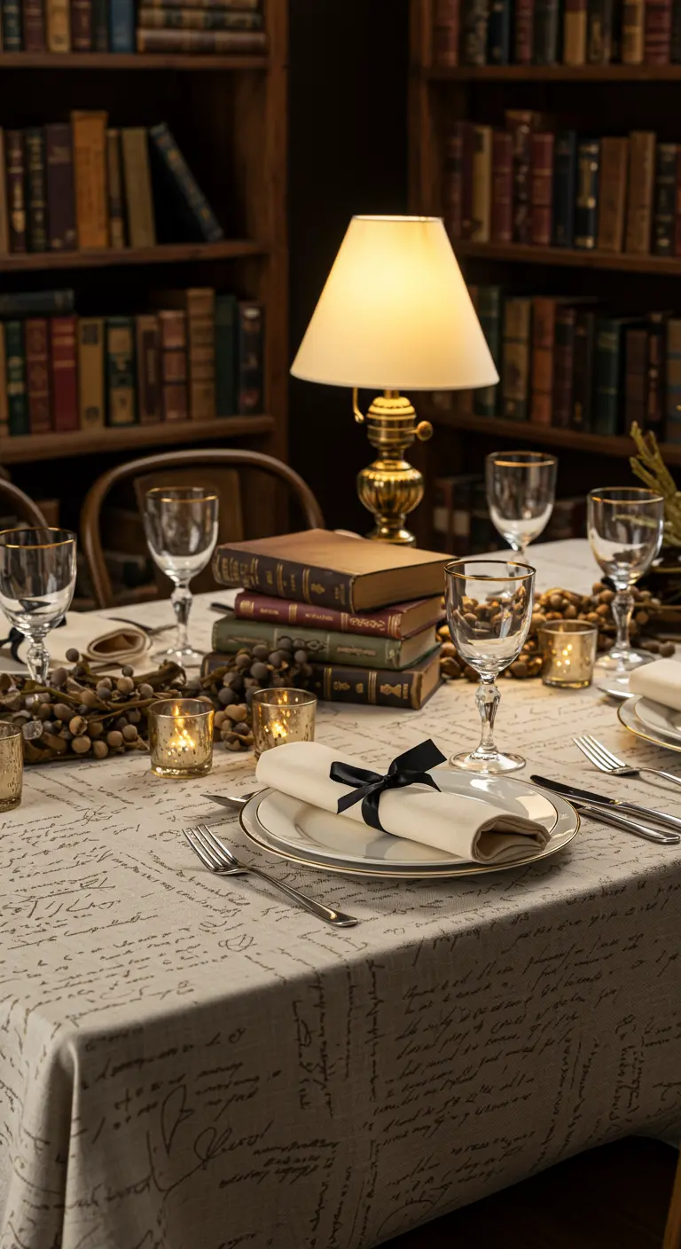 Table littéraire avec une nappe à écritures et des livres en déco.