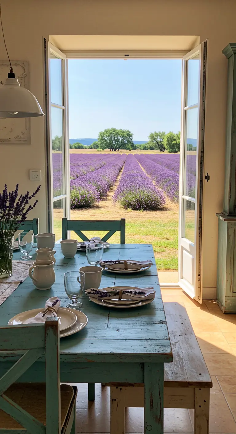 Table en bois bleu avec vue sur un champ de lavande, serviettes nouées avec de la lavande.