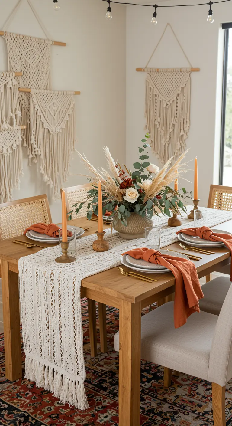 Salle à manger bohème avec table en bois, chemin de table en macramé et tentures murales tissées.