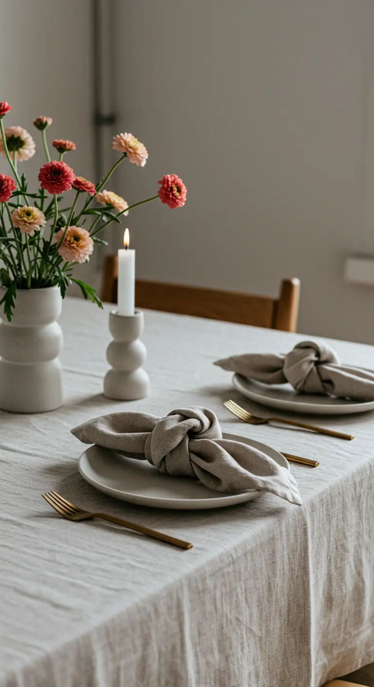 Table avec nappe en lin et serviettes nouées simplement sur les assiettes.