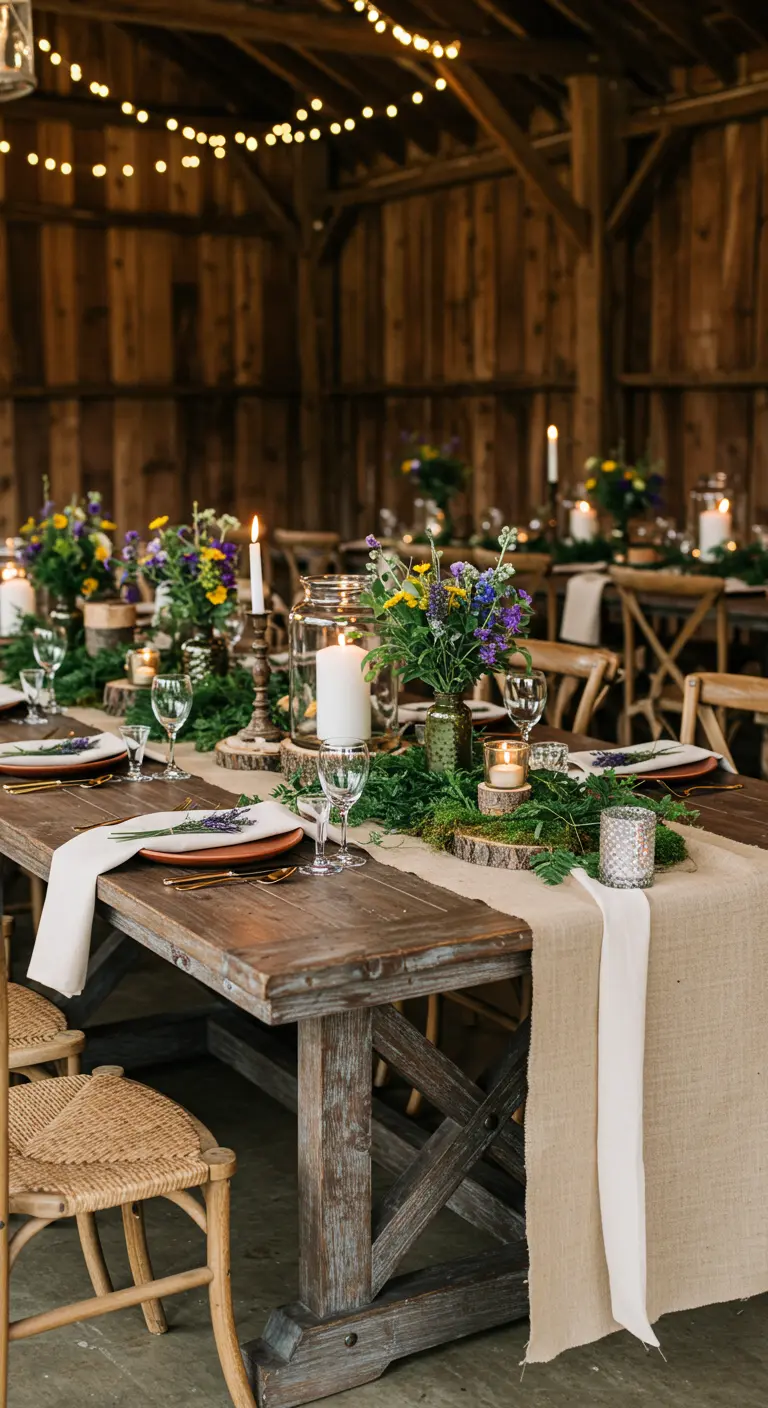 Table rustique avec chemin de table en toile de jute, chandeliers et guirlandes lumineuses.