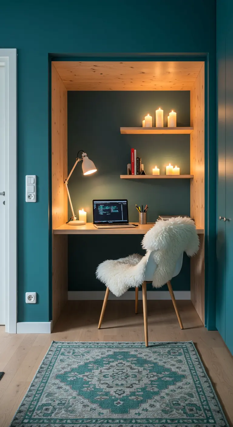 Bureau intégré dans une niche en bois et murs bleu-vert, chaise en fausse fourrure.