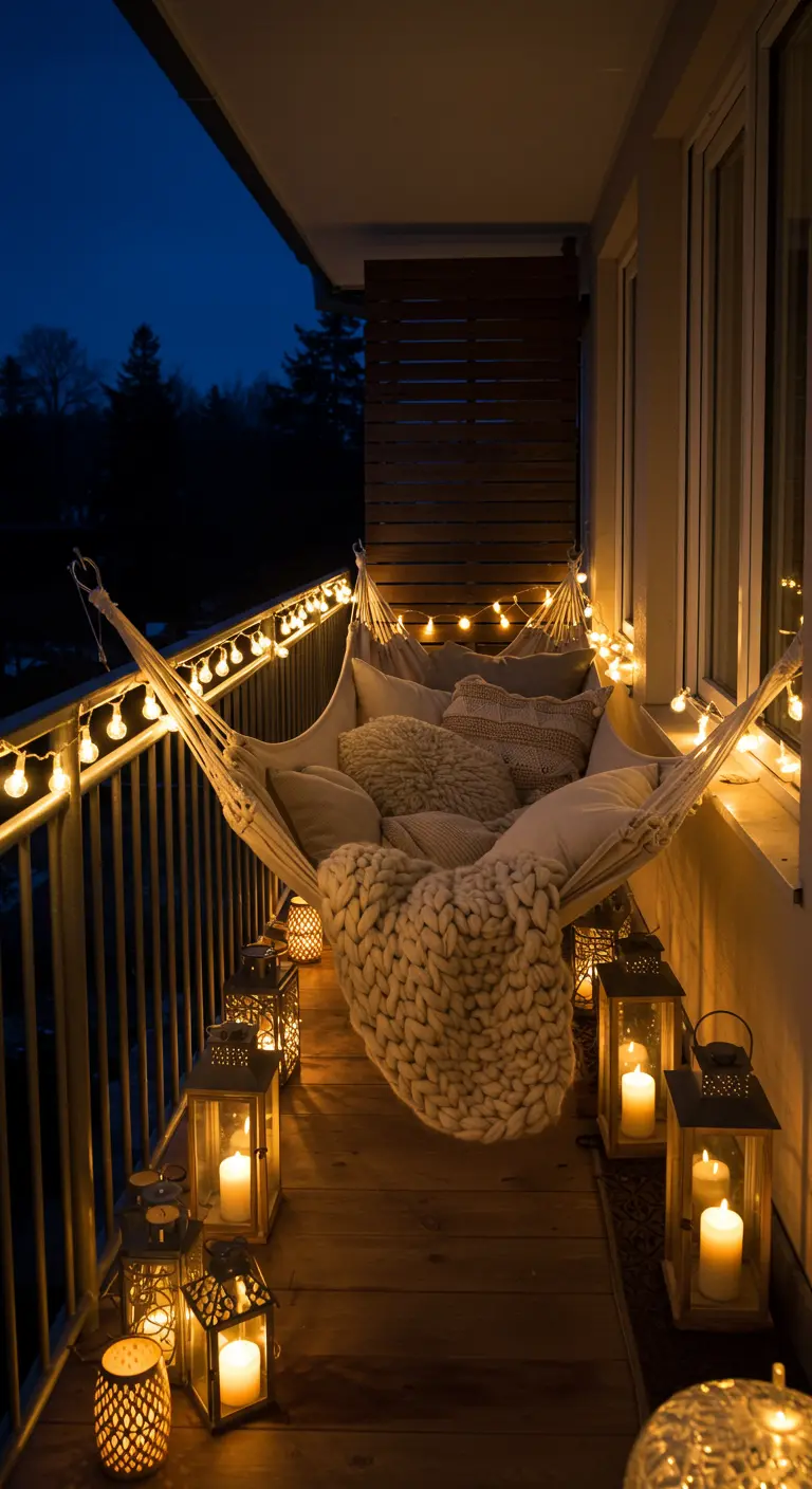 Hamac rempli de coussins et d'un plaid sur un balcon, entouré de guirlandes et de lanternes.