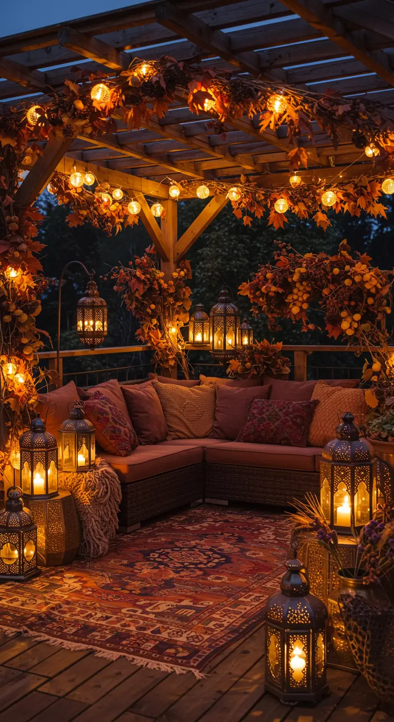 Salon d'automne sous pergola, avec canapé d'angle, coussins colorés, guirlandes de feuilles lumineuses et nombreuses lanternes orientales.