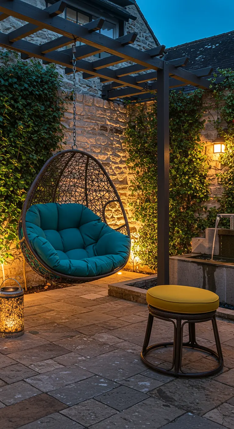 Fauteuil œuf suspendu avec coussin sarcelle, lanterne et pouf jaune dans un patio éclairé.