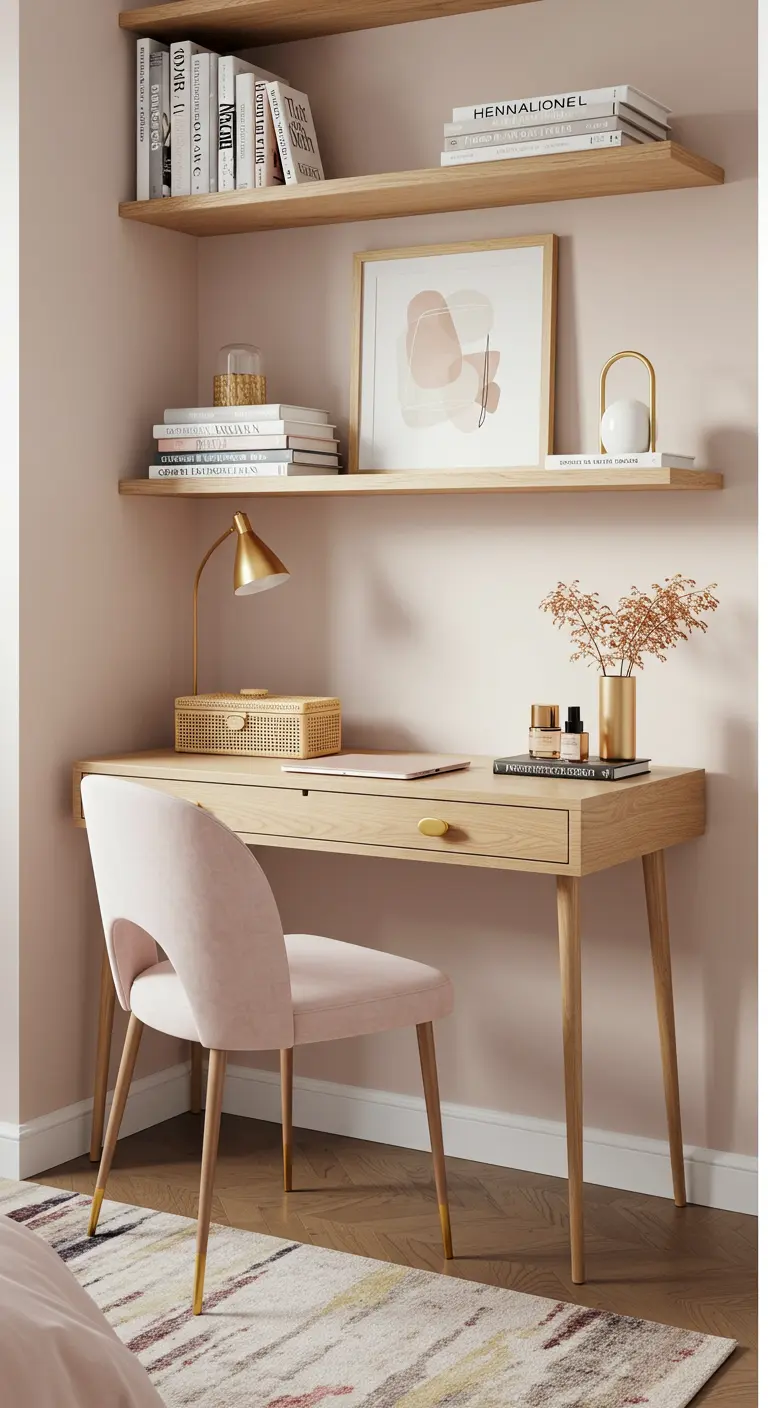 Bureau en bois clair avec une chaise en velours rose et des étagères flottantes.