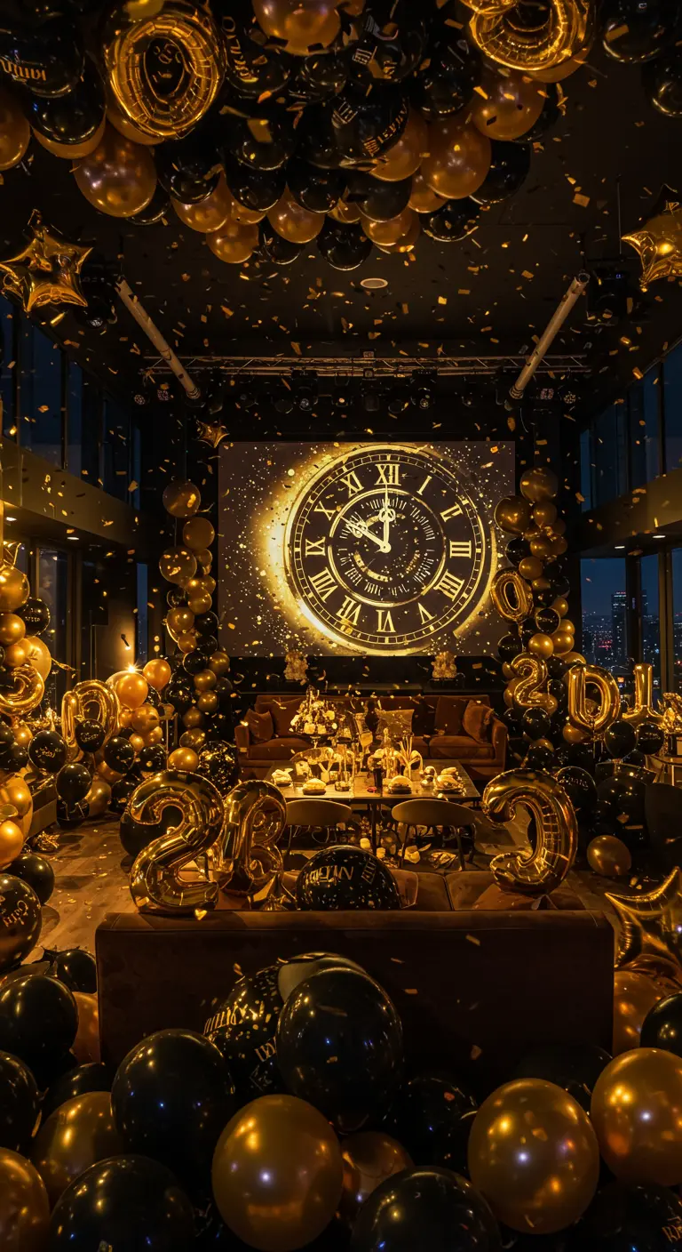 Fête du Nouvel An avec une profusion de ballons noirs et or et une horloge géante projetée.