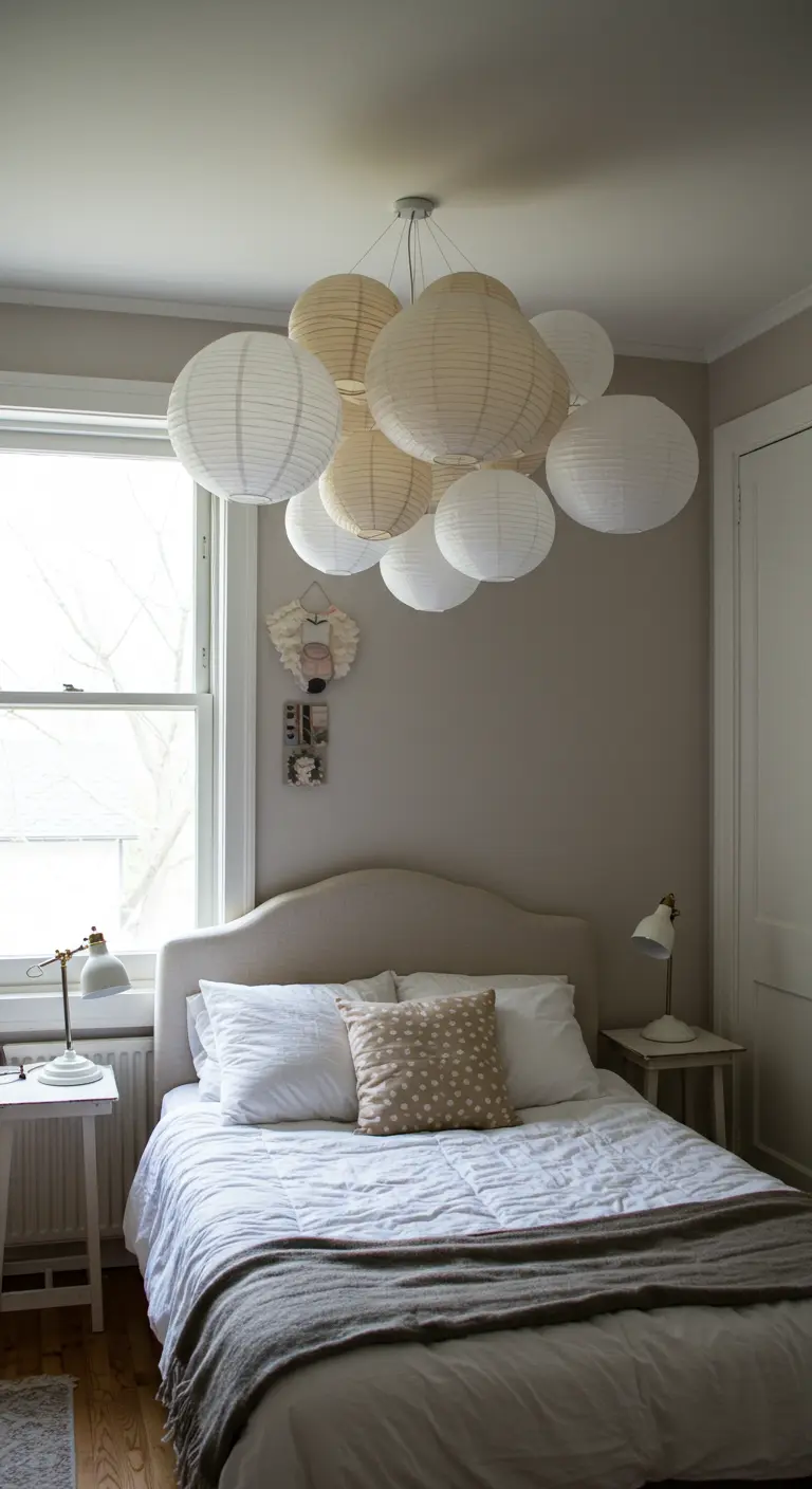 Plafonnier composé d'une grappe de lampions en papier de différentes tailles au-dessus d'un lit.