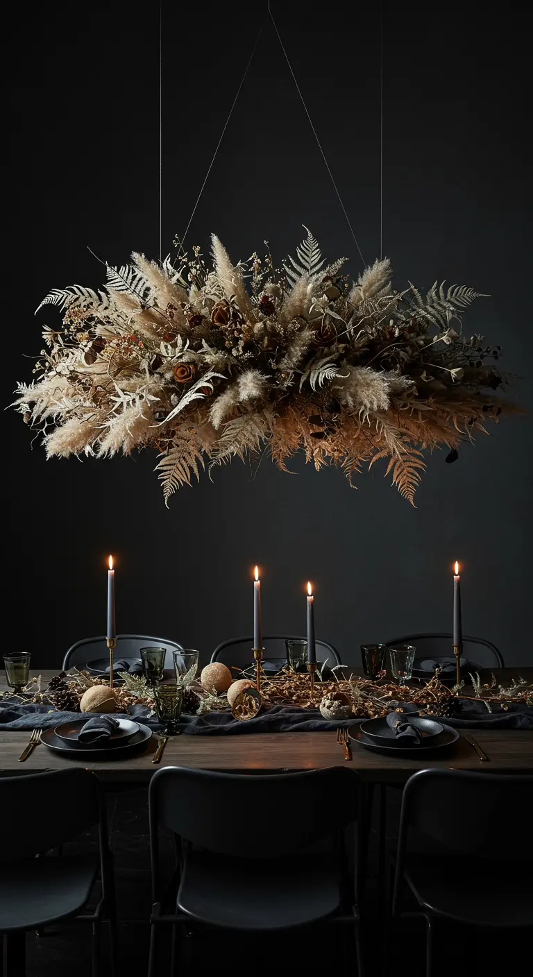 Grande suspension de fleurs séchées et d'herbe de la pampa flottant au-dessus d'une table de fête sombre.