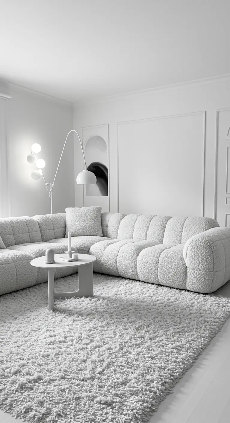 Salon monochrome blanc avec canapé en tissu bouclé et tapis à poils longs.