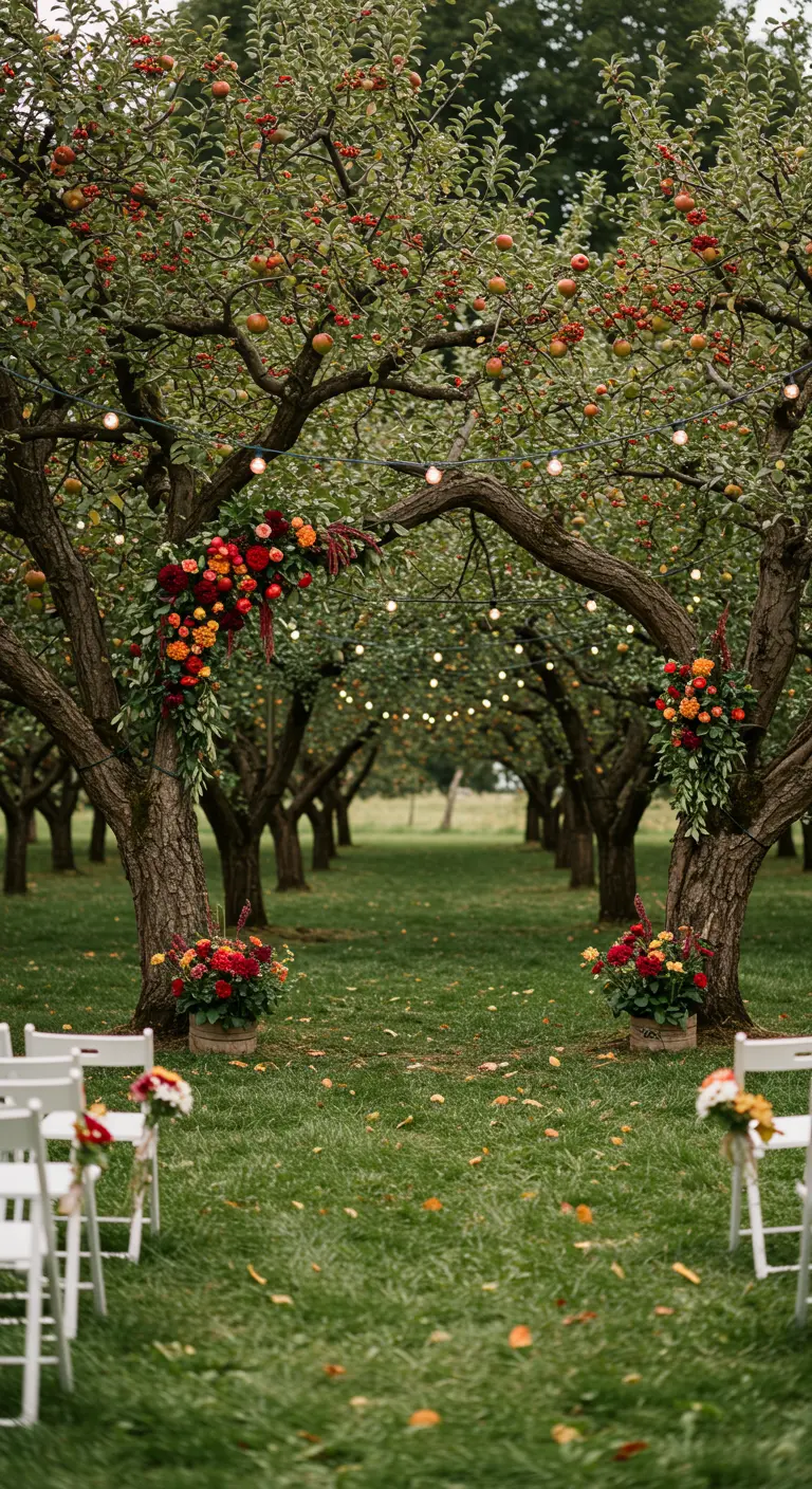 Arche de mariage naturelle formée par deux pommiers dans un verger.