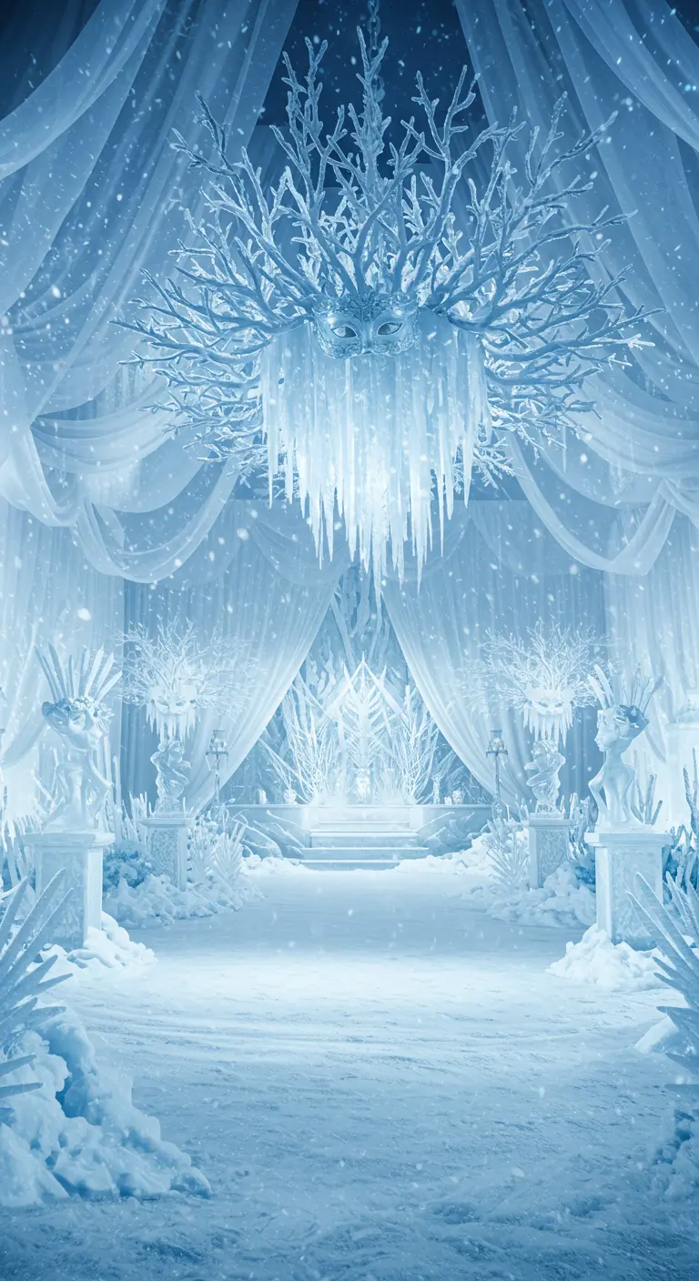 Décor de palais de glace entièrement blanc et bleu, avec des stalactites et des voilages.