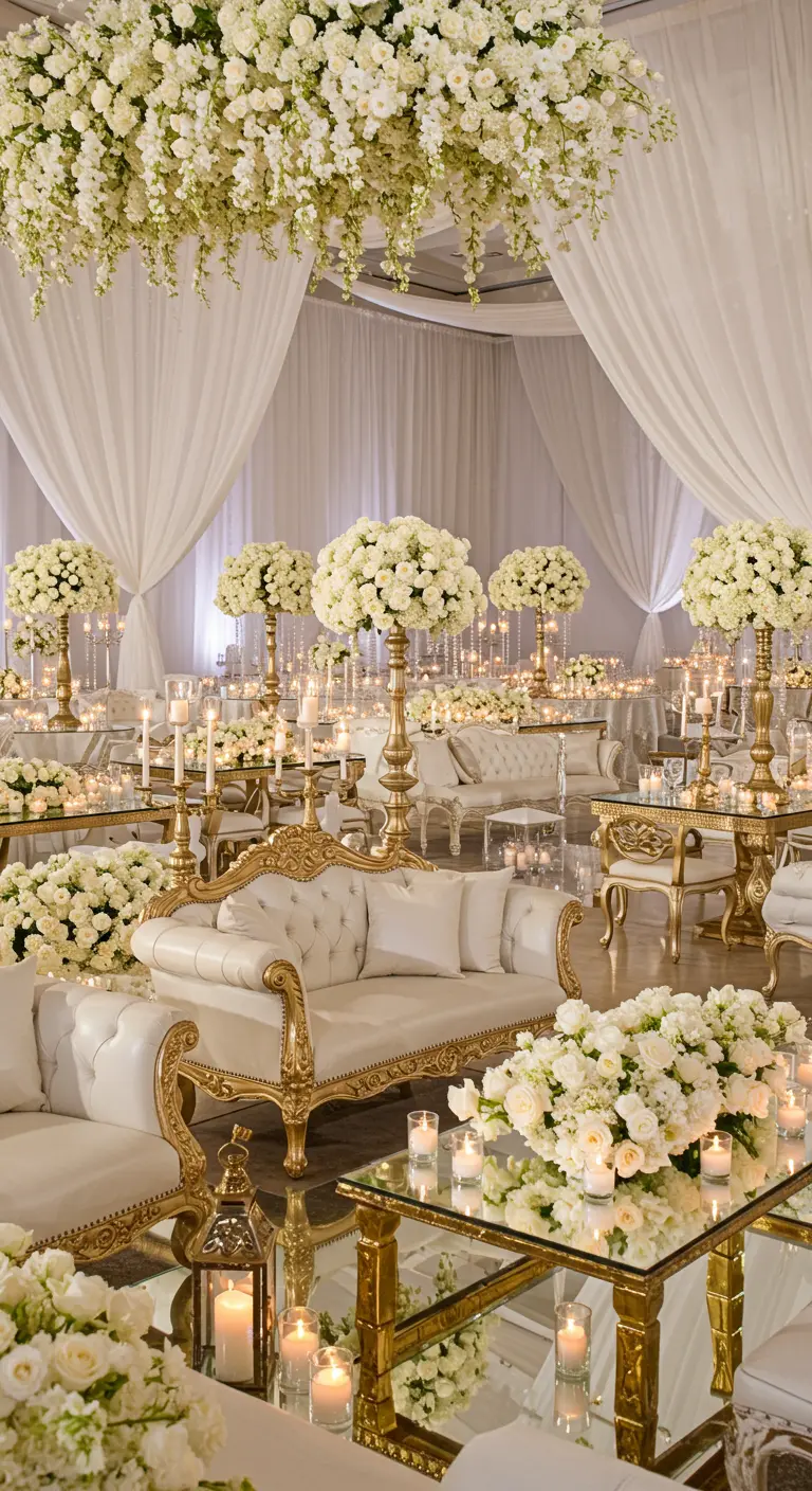 Décor de réception opulent tout en blanc et or, avec des fleurs blanches.