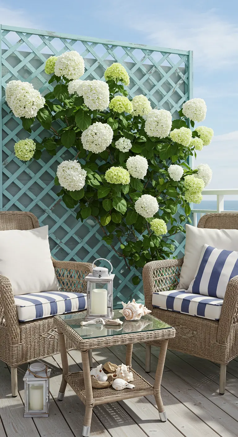 Mur treillagé bleu clair avec hortensias grimpants blancs et verts, un coin salon en rotin et des décorations marines.