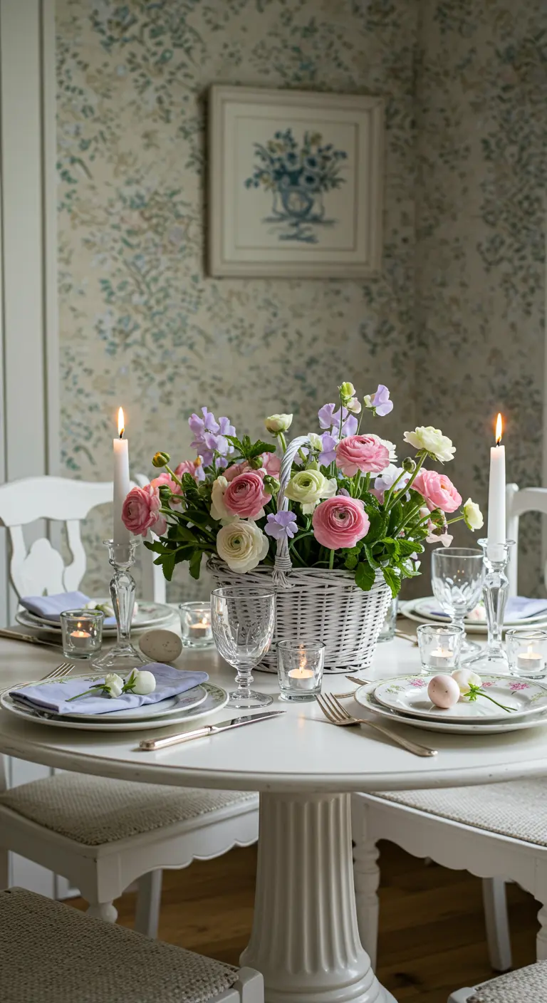 Centre de table romantique avec un panier blanc de roses pastel, renoncules et pois de senteur.