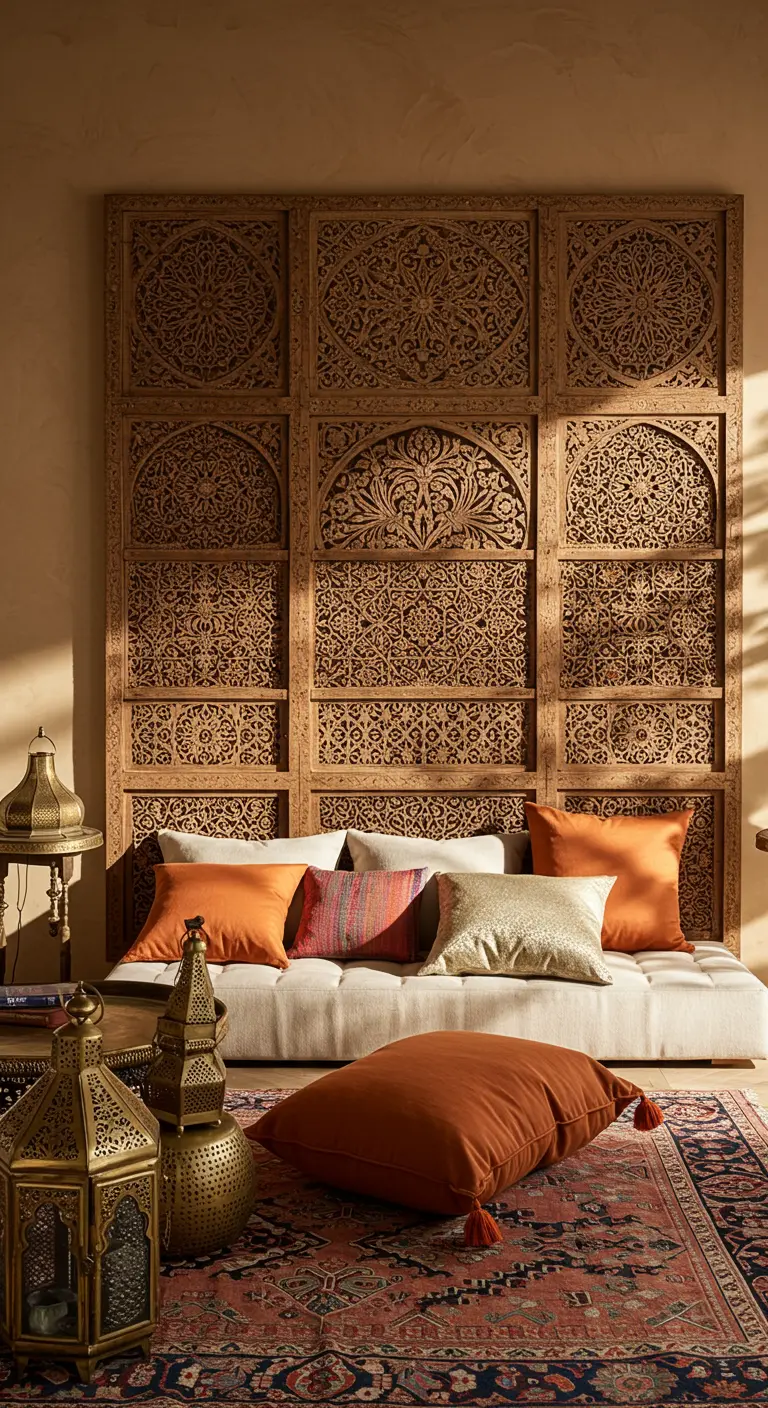 Grand panneau de bois sculpté de motifs orientaux, placé derrière une banquette basse.