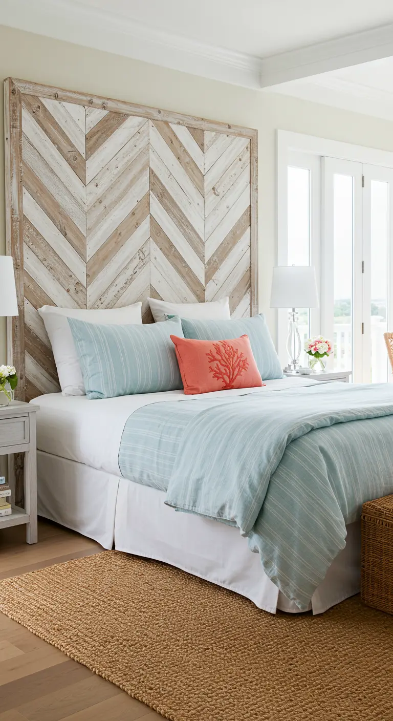 Tête de lit haute en bois de récupération blanc et naturel, assemblé en motif chevrons.