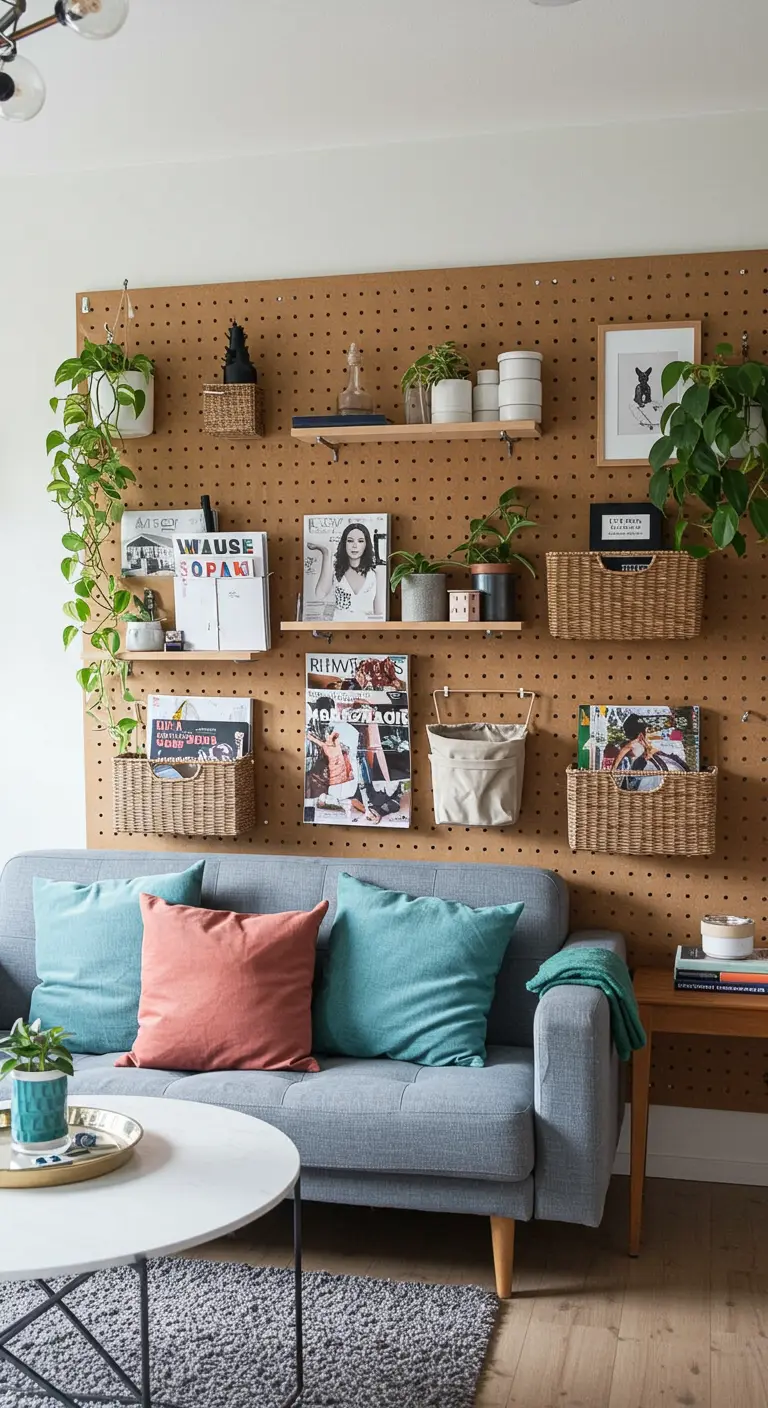 Grand panneau mural perforé ('pegboard') en bois avec des étagères, paniers et plantes suspendus.