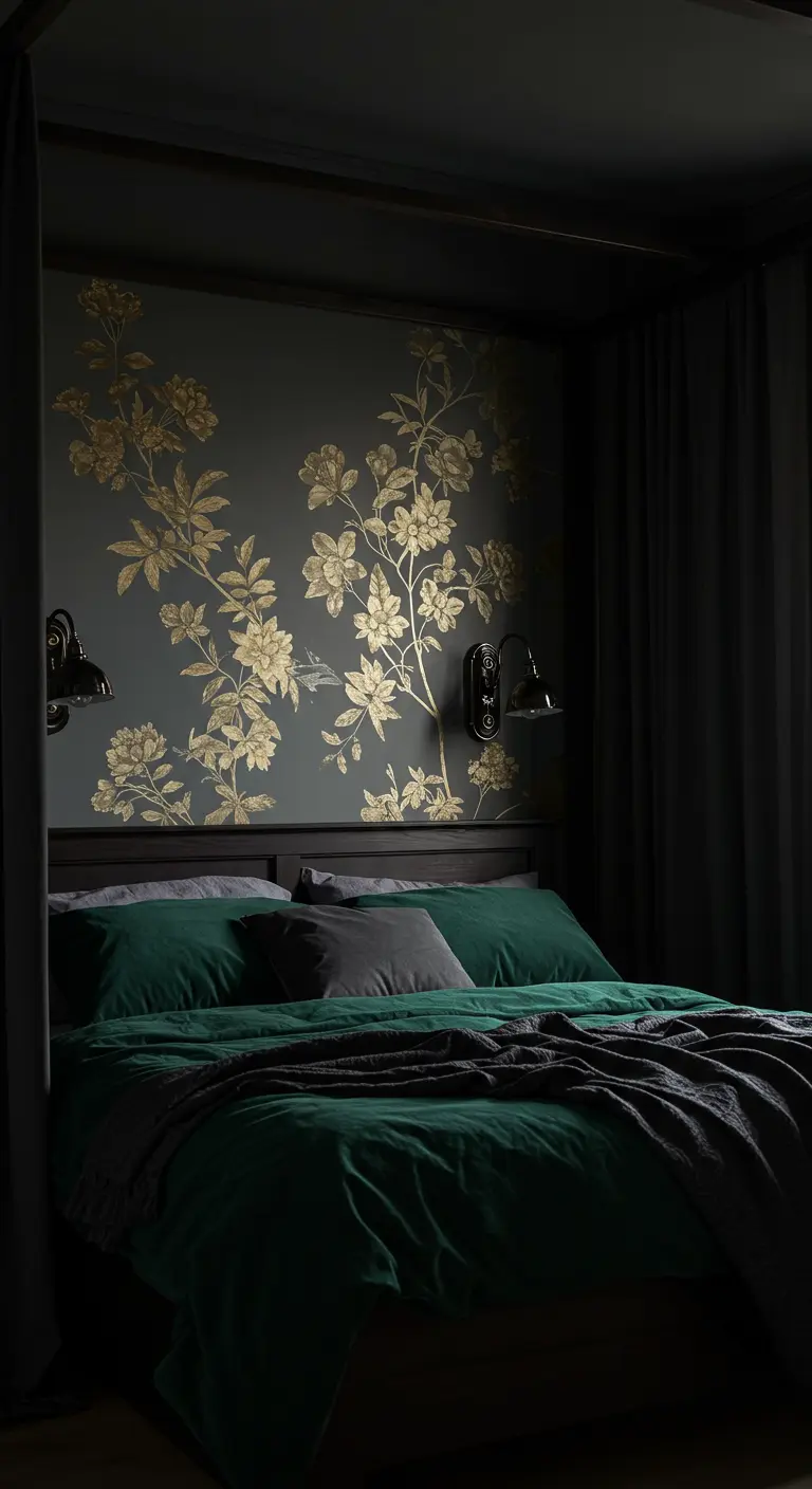 Un papier peint sombre avec des motifs floraux dorés derrière un lit aux draps vert émeraude.