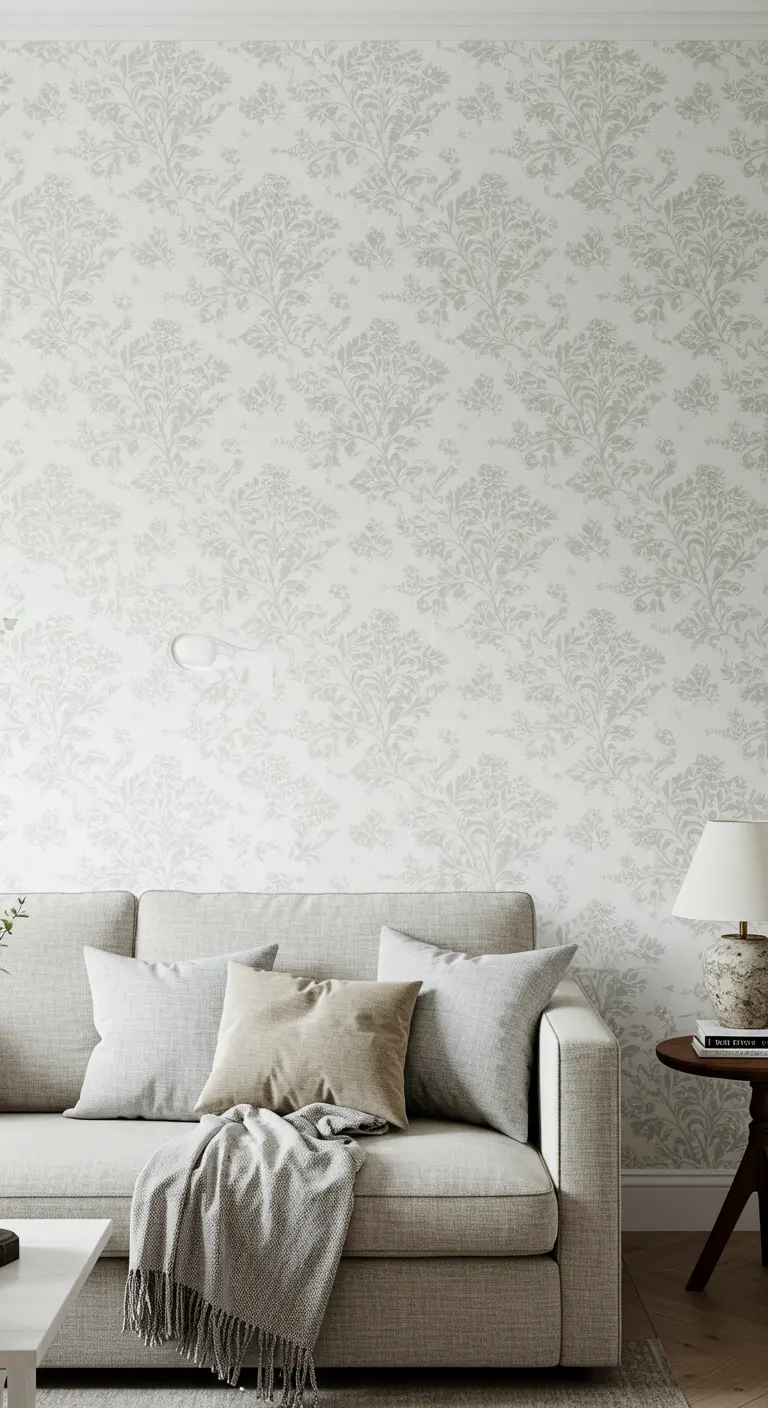 Mur recouvert d'un papier peint à motif damas subtil dans des tons de gris-vert clair.