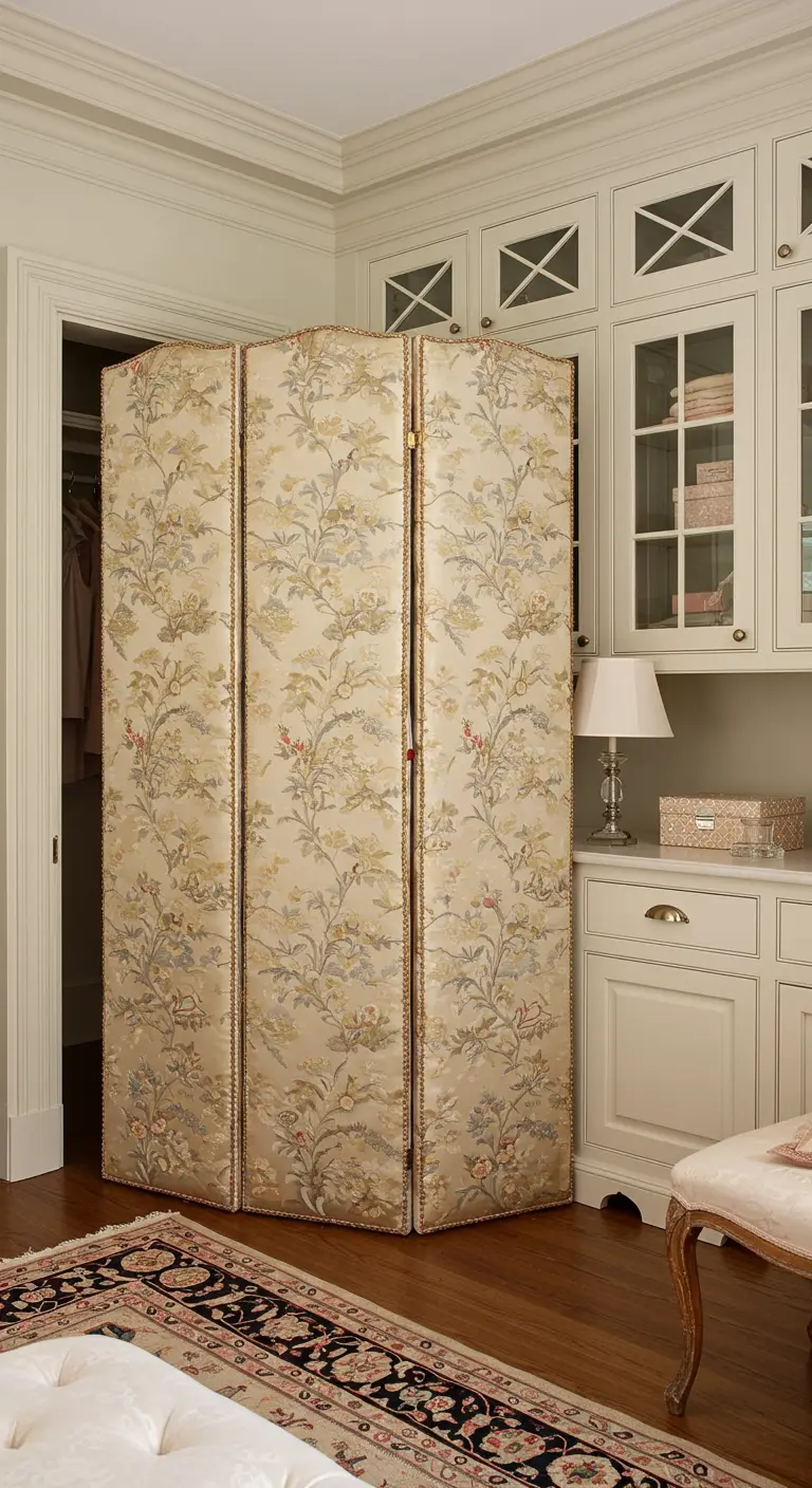 Paravent en tissu à motifs floraux dissimulant l'entrée d'un dressing.