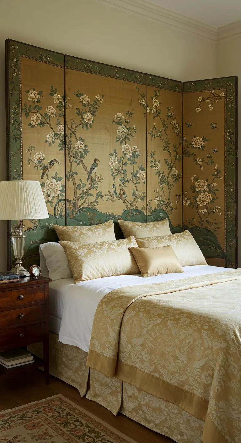 Un paravent chinois orné de motifs floraux et d'oiseaux est utilisé comme tête de lit.