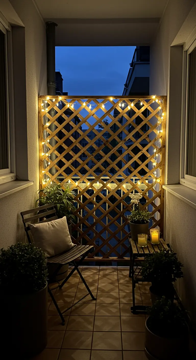 Treillis en bois utilisé comme paravent de balcon, encadré de lumières.