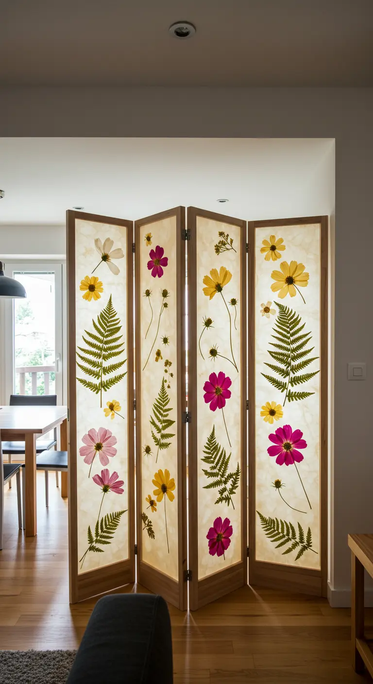Paravent à quatre panneaux décoré de fleurs pressées, séparant un espace de vie.
