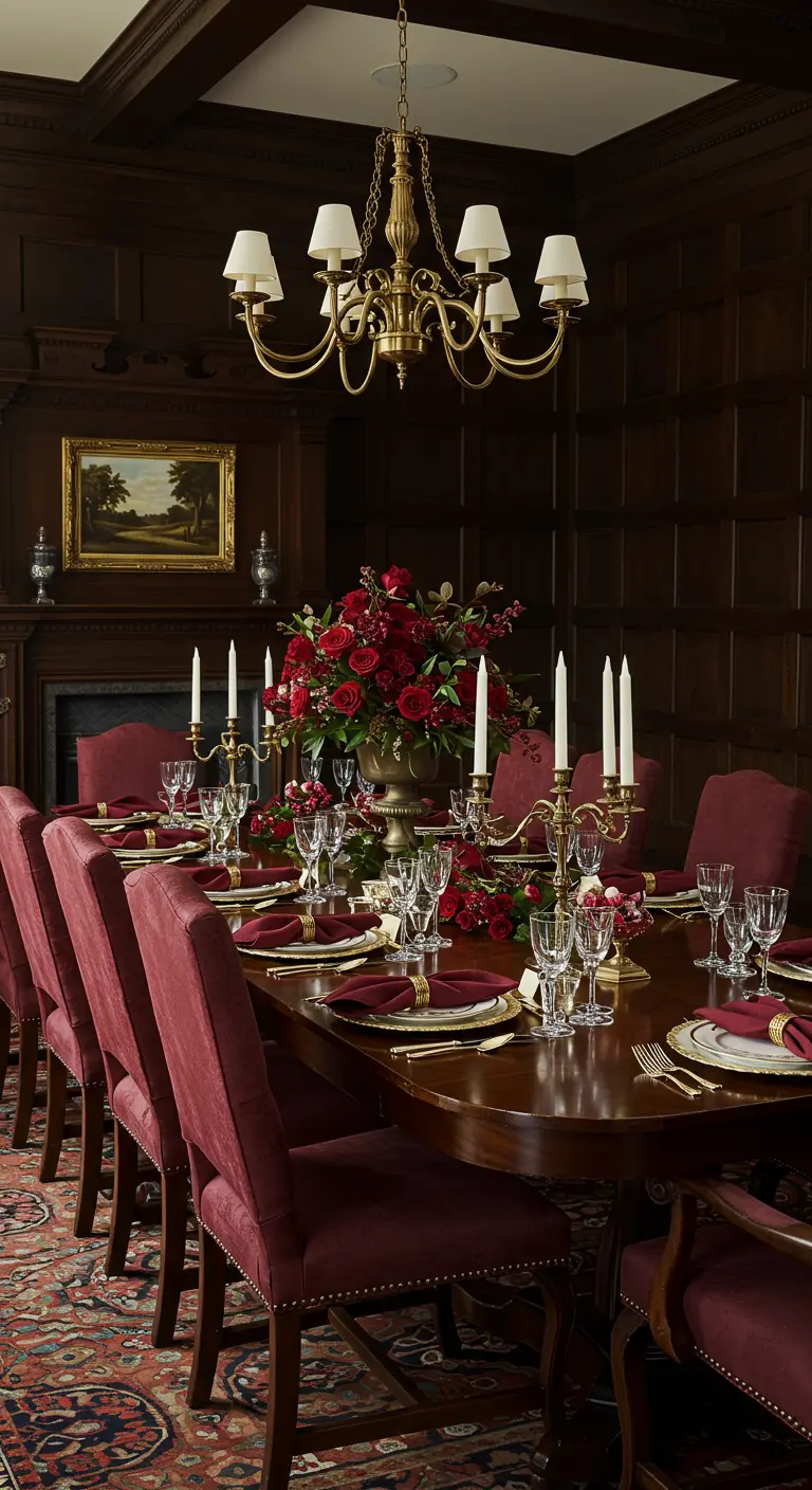 Salle à manger formelle aux boiseries sombres, table en bois massif, roses rouges et chaises bordeaux.