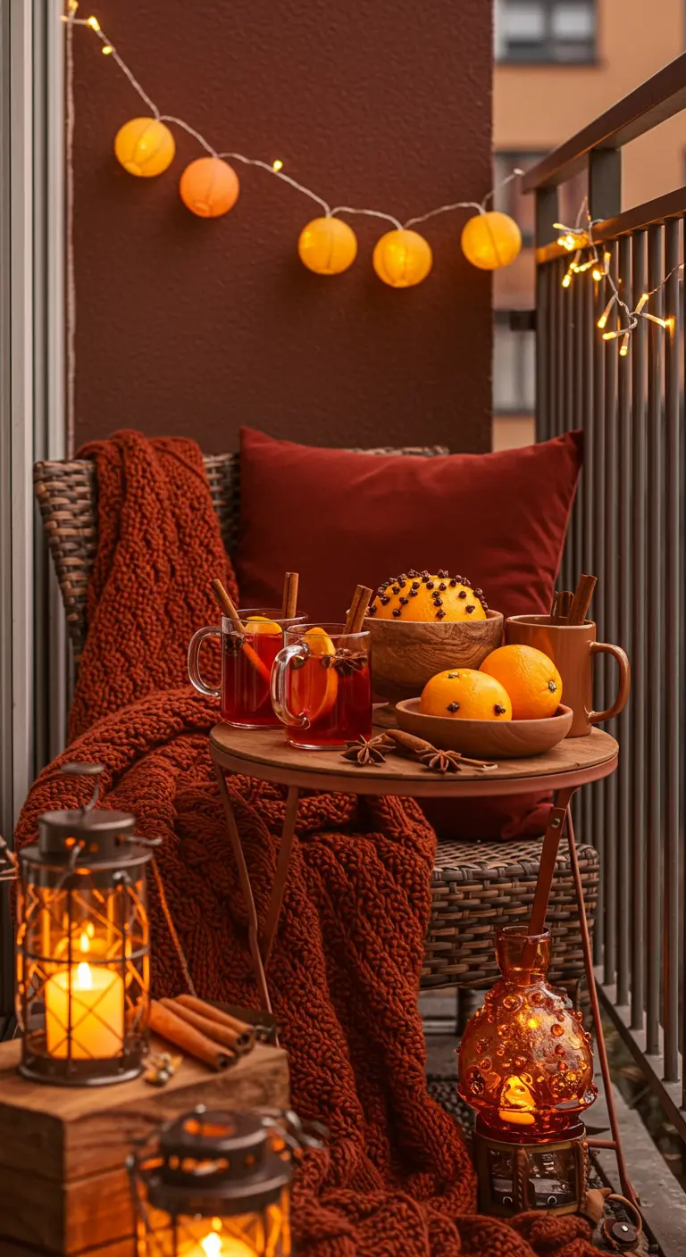 Table avec du vin chaud, des oranges aux clous de girofle et des bâtons de cannelle.