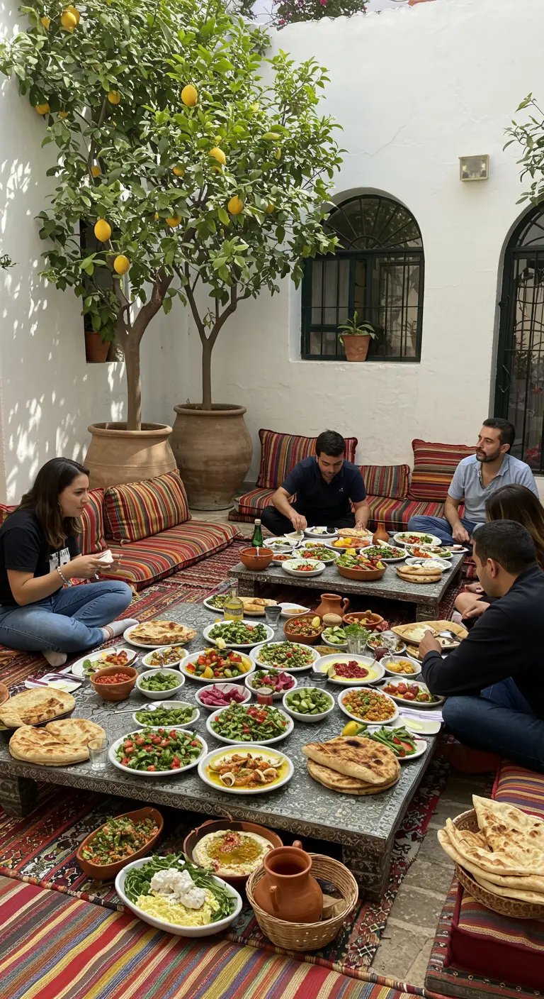 Groupe d'amis partageant un repas oriental autour d'une table basse dans un patio.