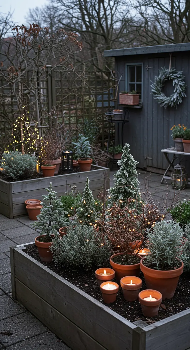 Jardin avec grands bacs et pots en terre cuite, sapins miniatures, plantes d'hiver et bougies LED.