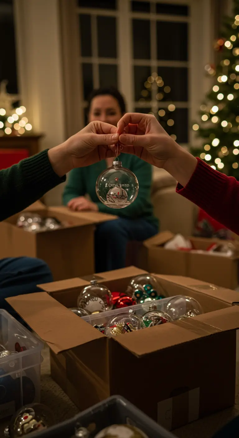 Deux personnes se passant une boule de Noël personnalisée.