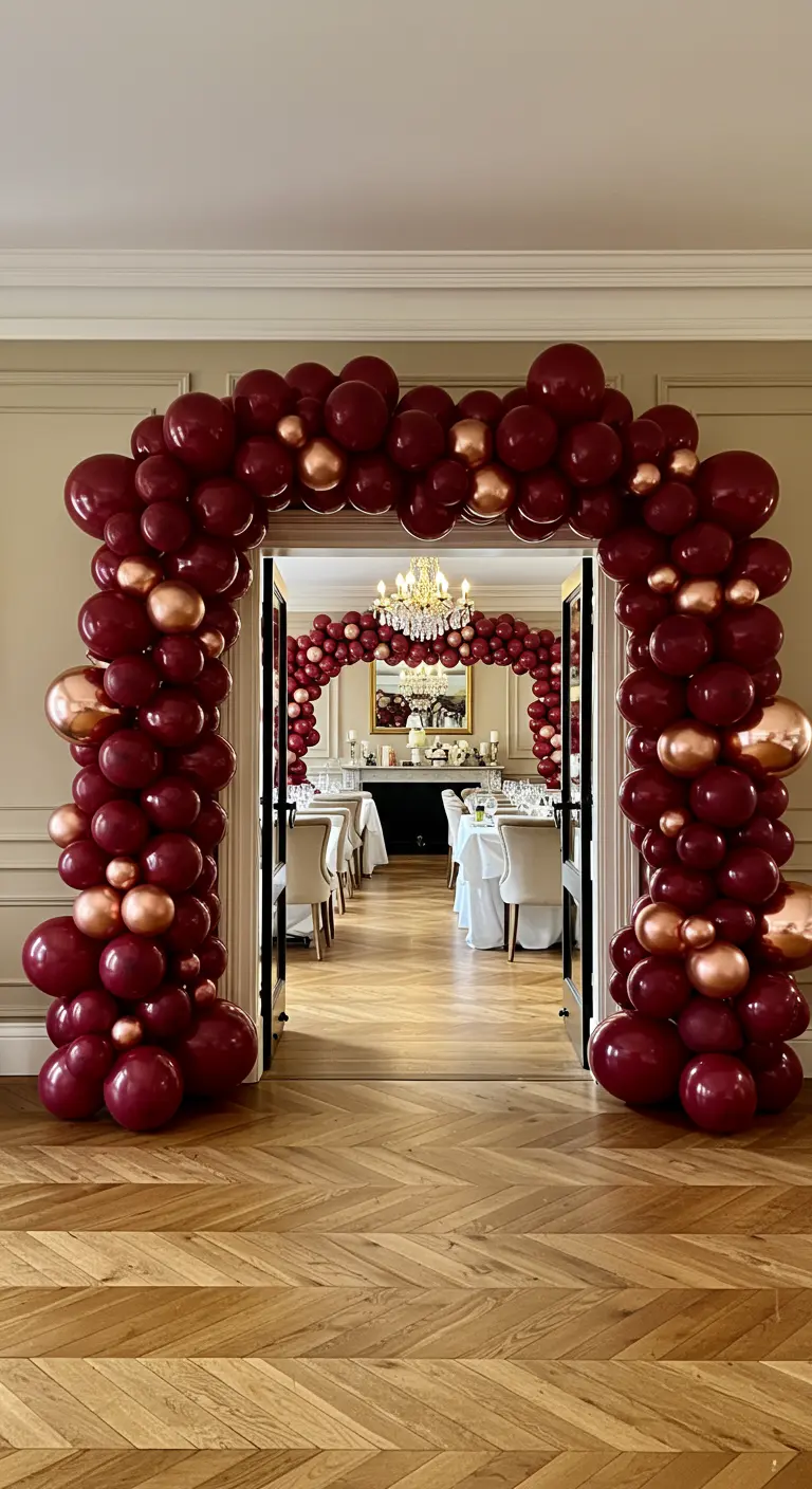 Arche massive de ballons bordeaux et rose gold encadrant une porte à double battant.