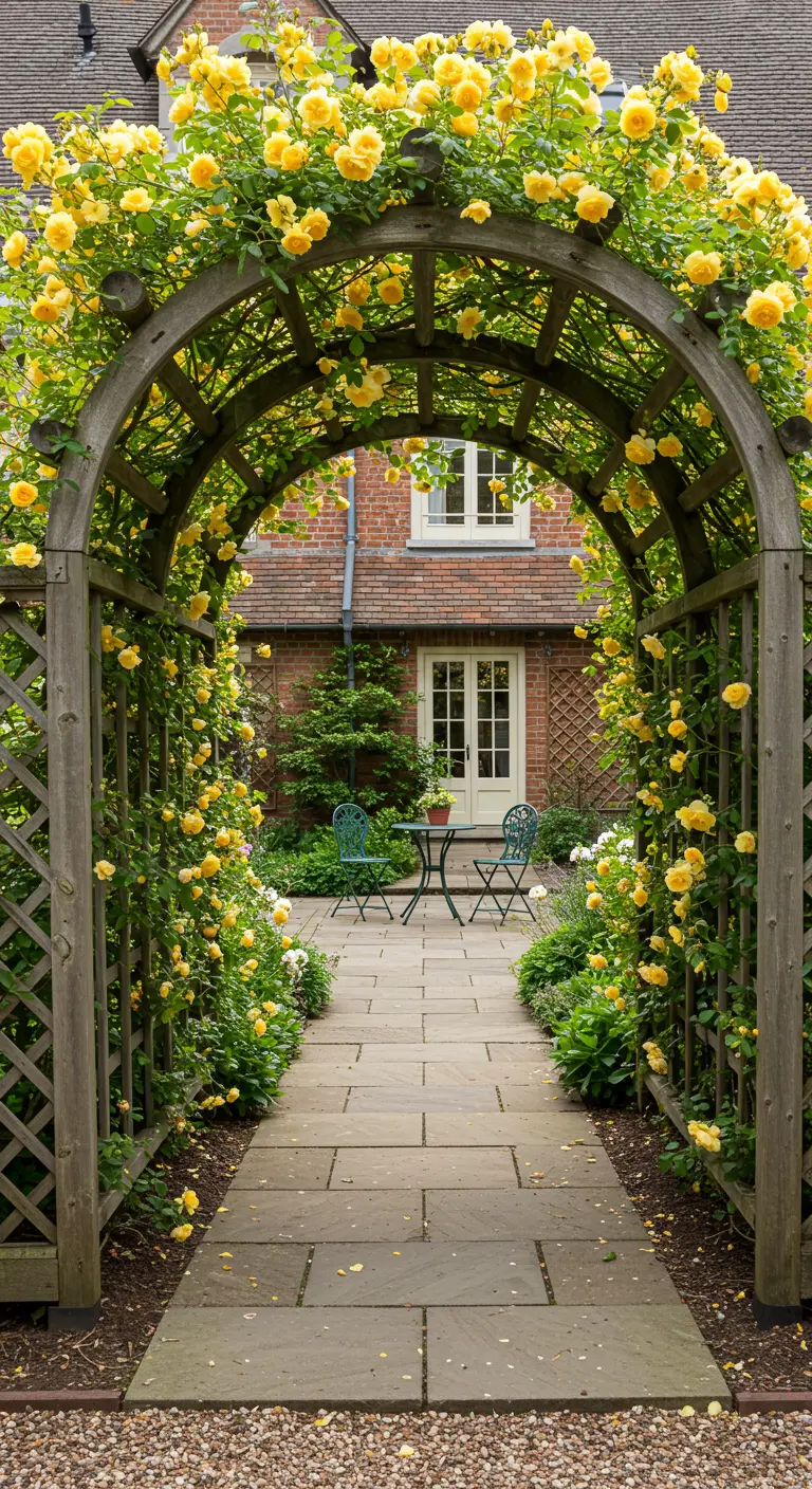 Arche en bois couverte de rosiers grimpants jaunes menant à une terrasse.
