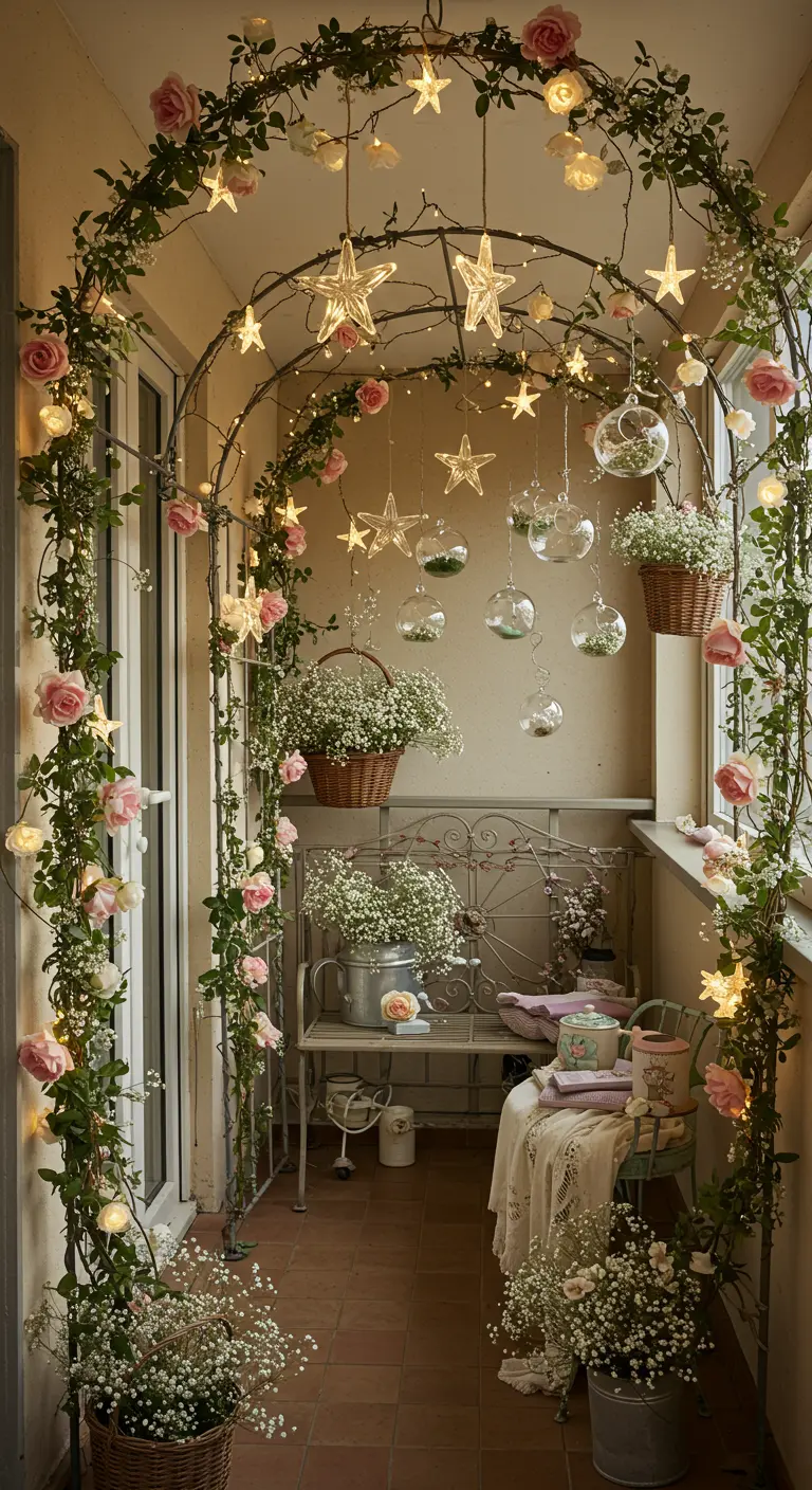 Arche de jardin décorée de roses, de lumières en forme d'étoiles et de terrariums.