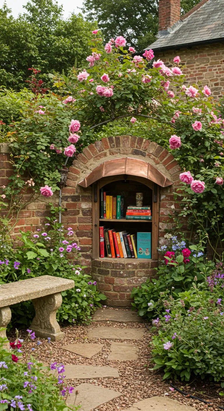 Petite niche de bibliothèque en briques avec un toit en cuivre dans un jardin.