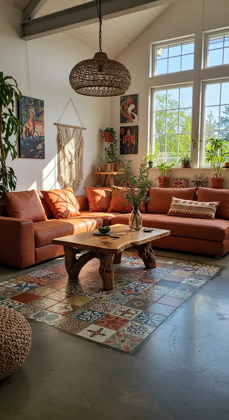 Salon bohème avec un tapis de carreaux de ciment patchwork et un canapé terracotta.