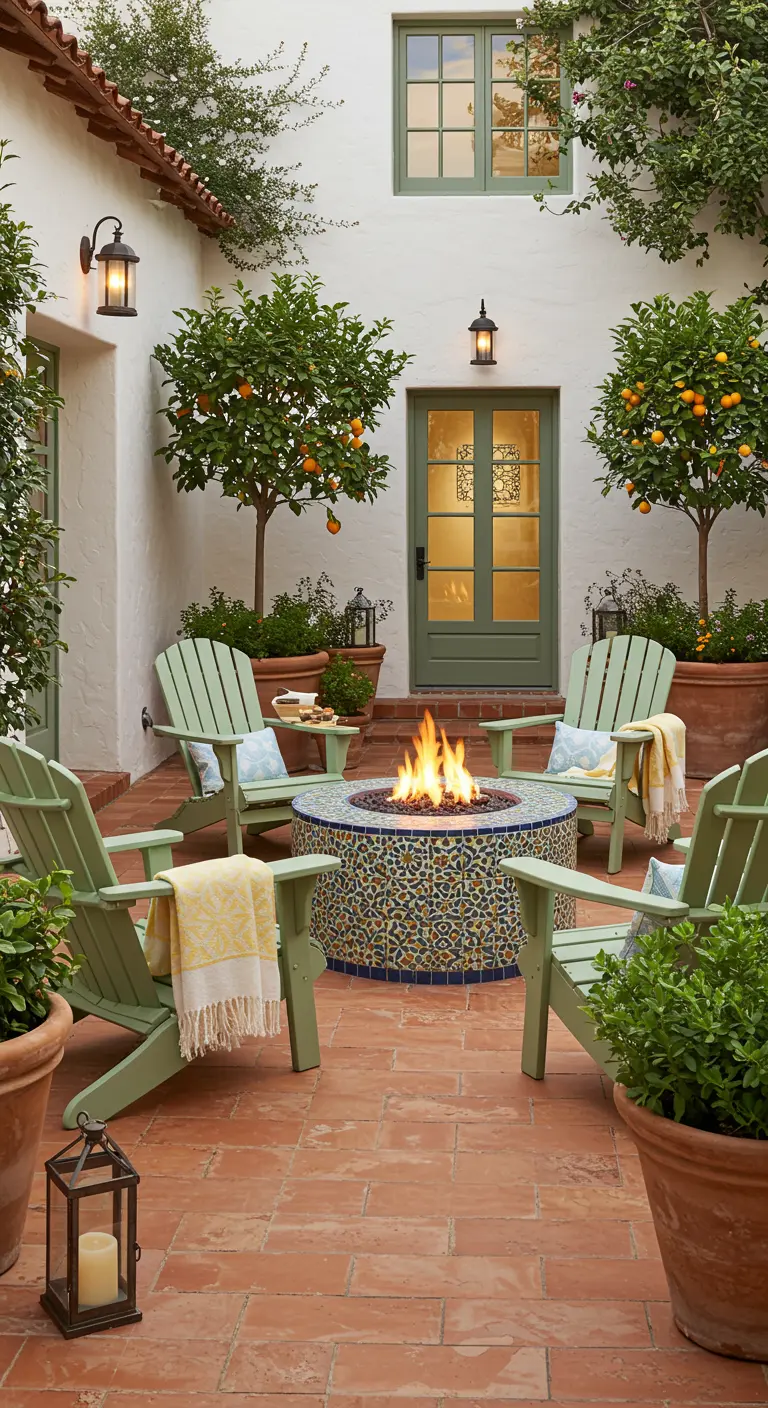Cour andalouse avec fauteuils Adirondack vert clair, brasero en mosaïque et orangers en pot