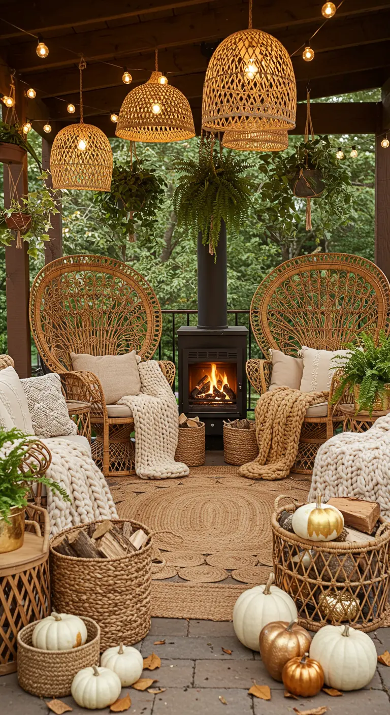 Patio couvert avec fauteuils en rotin, cheminée et paniers tressés.