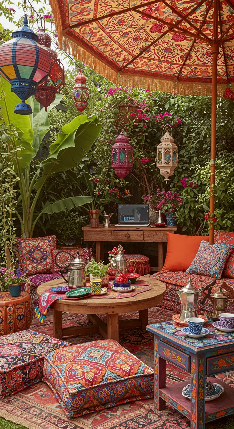 Patio bohème avec table basse, coussins colorés, parasol brodé et lanternes suspendues.