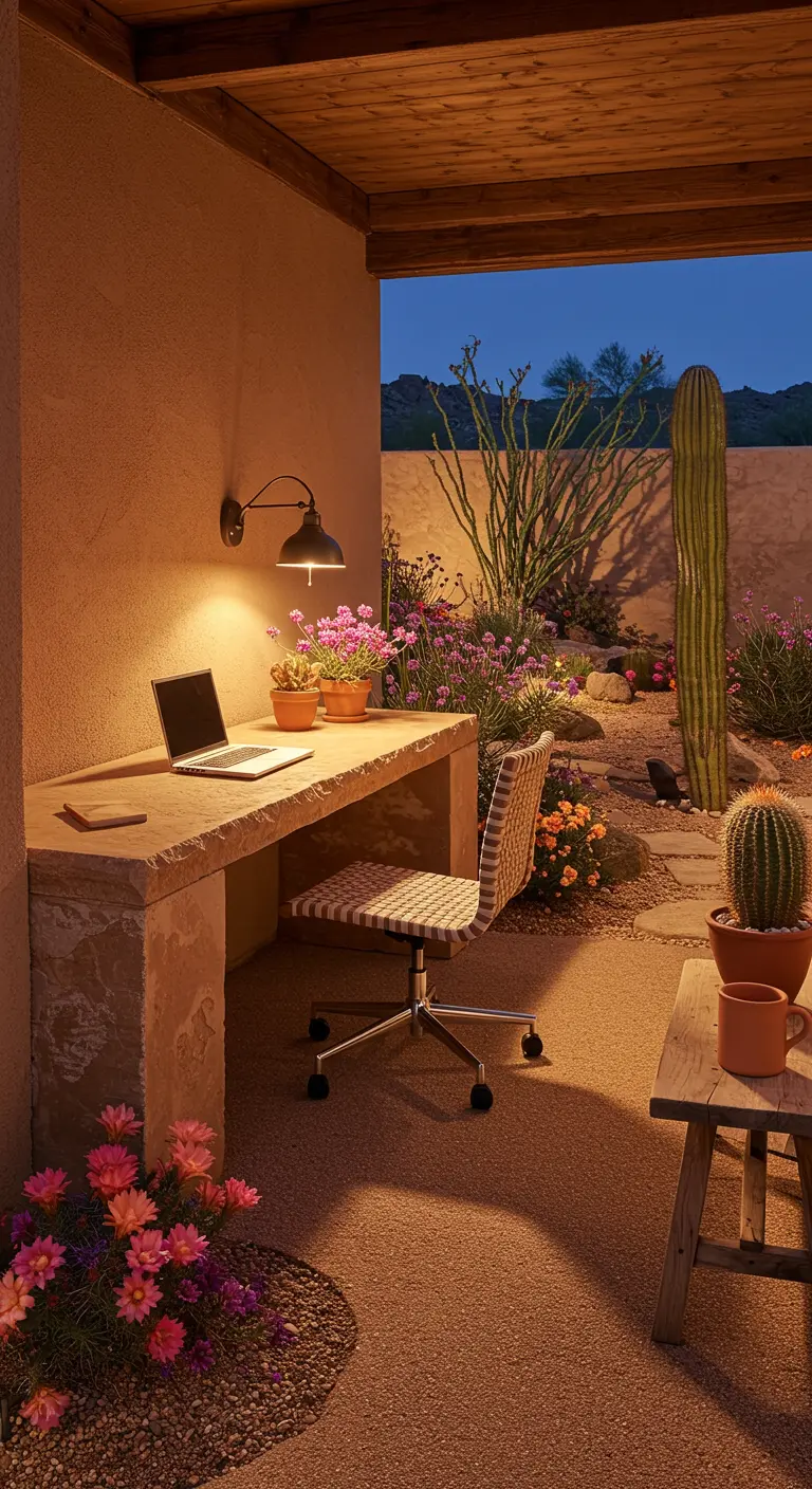 Bureau extérieur dans un patio fleuri avec mobilier en pierre, chaise tressée et éclairage doux.