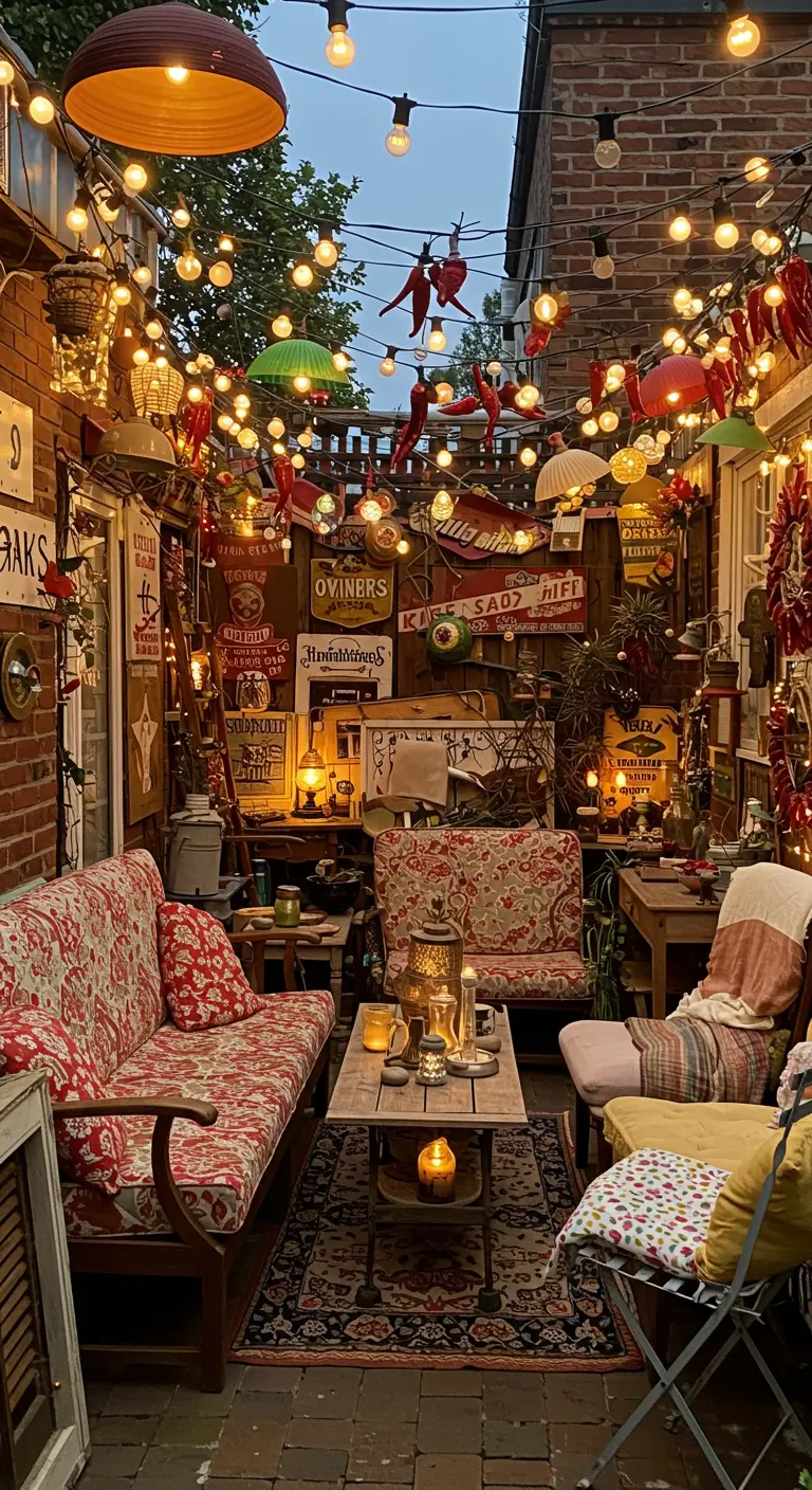 Patio très décoré avec de nombreux objets, canapés à motifs et une profusion de lumières.
