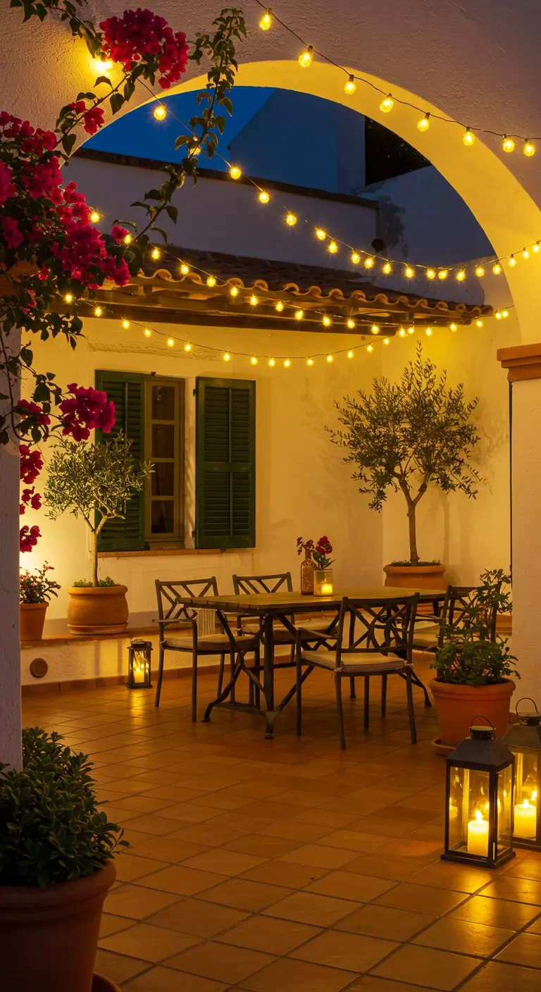Patio méditerranéen avec arches, guirlandes lumineuses, lanternes et plantes en pot.